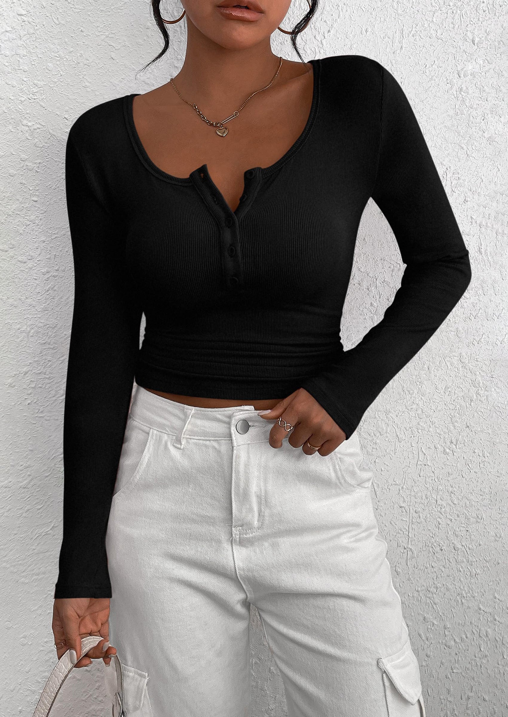 PRETTYGARDEN Women's Spring Fall Long Sleeve Henley T Shirts Button Ribbed Knit Slim Fit Casual Basic Tops Blouse