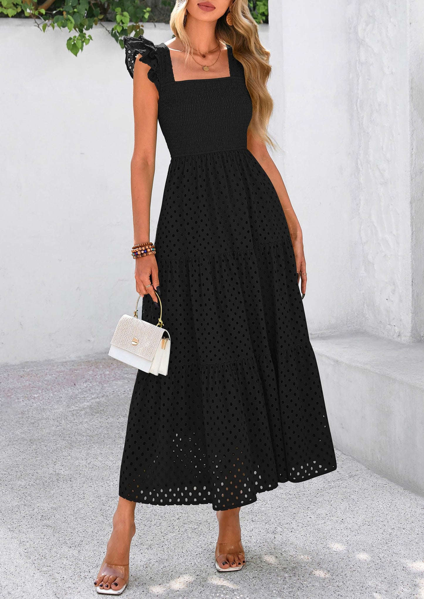 Womens Summer Square Neck Maxi Dresses Cap Sleeve Eyelet Smocked Tiered A Line Flowy Long Dress with Pockets