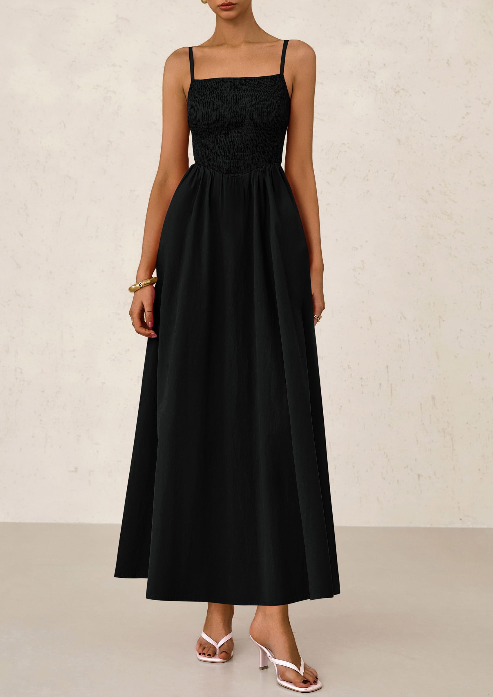 PRETTYGARDEN Women's Smocked Maxi Dresses Beach Sundress Casual Spaghetti Strap Swing A Line Long Flowy Dress