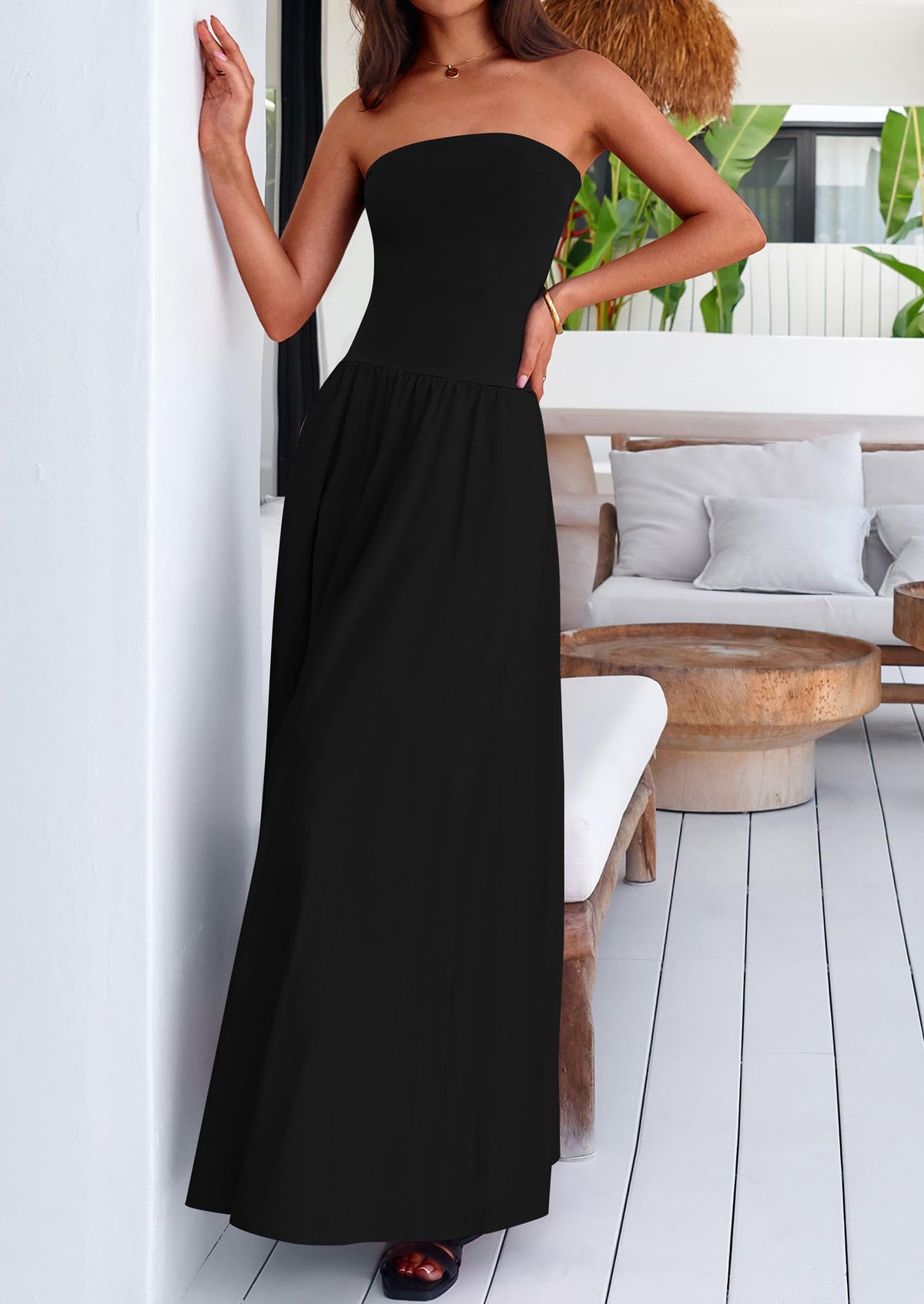 Women's 2025 Summer Strapless Maxi Dresses Patchwork Long Flowy Elegant Going Out Tube Top Dress with Pockets