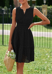 PRETTYGARDEN Women's Summer Dresses Sleeveless V Neck Eyelet Hollow Out Swing A Line Beach Vacation Sun Dress PRETTYGARDEN