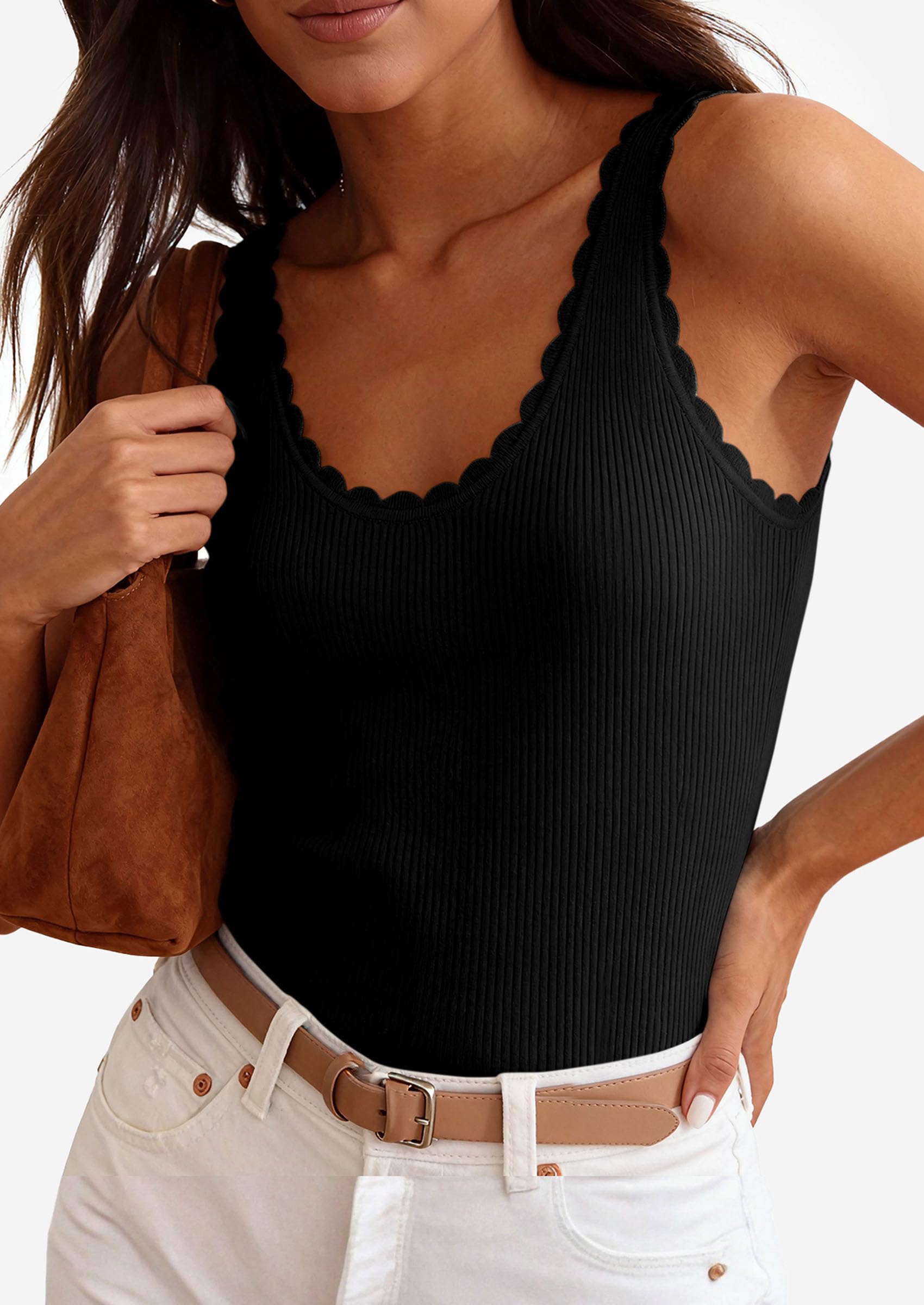 PRETTYGARDEN Womens Summer Sleeveless Tank Tops V Neck Ruffle Lightweight Ribbed Knit Shirt Casual Going Out Top PRETTYGARDEN