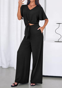 PRETTYGARDEN Women 2 Piece Summer Outfits Short Sleeve Strappy Top Wide Leg Pants Tracksuit Lounge Sets Beach Clothes PRETTYGARDEN