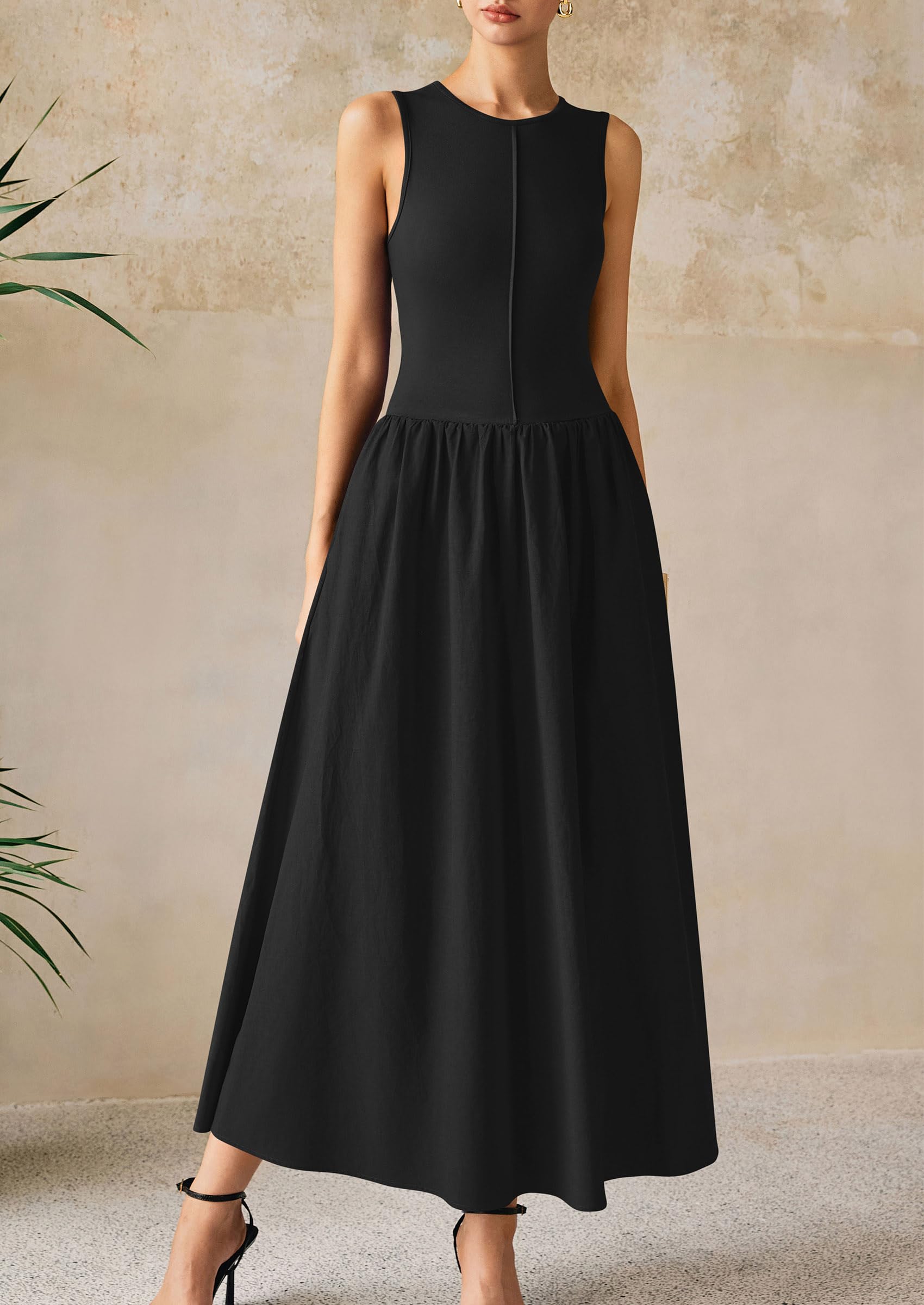 PRETTYGARDEN Women Maxi Dresses Casual Sleeveless Patchwork Knit Tank Dress Flowy Beach Sundress Long Dress