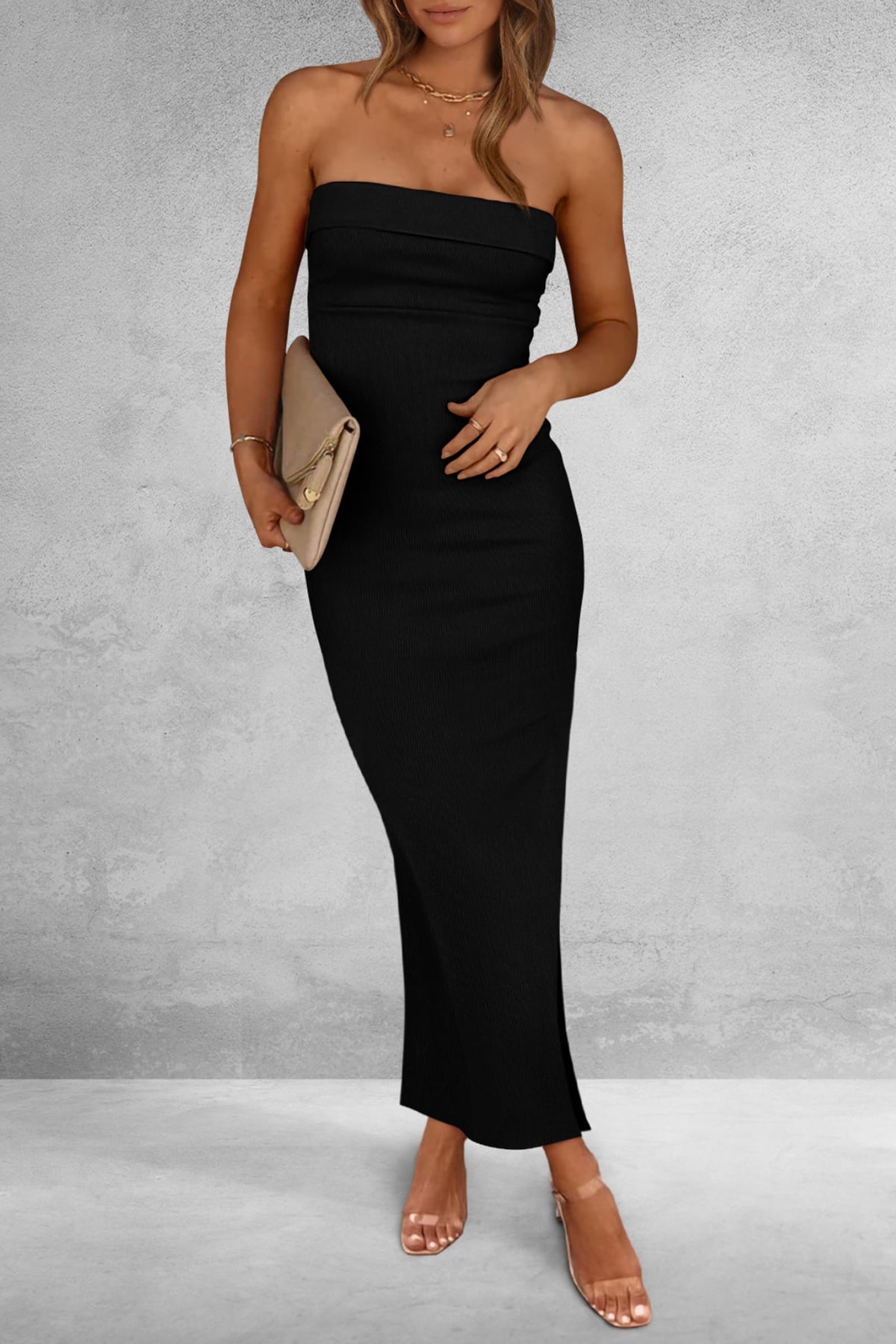 Ribbed Strapless Side Slit Long Going Out Casual Elegant Party Dresses