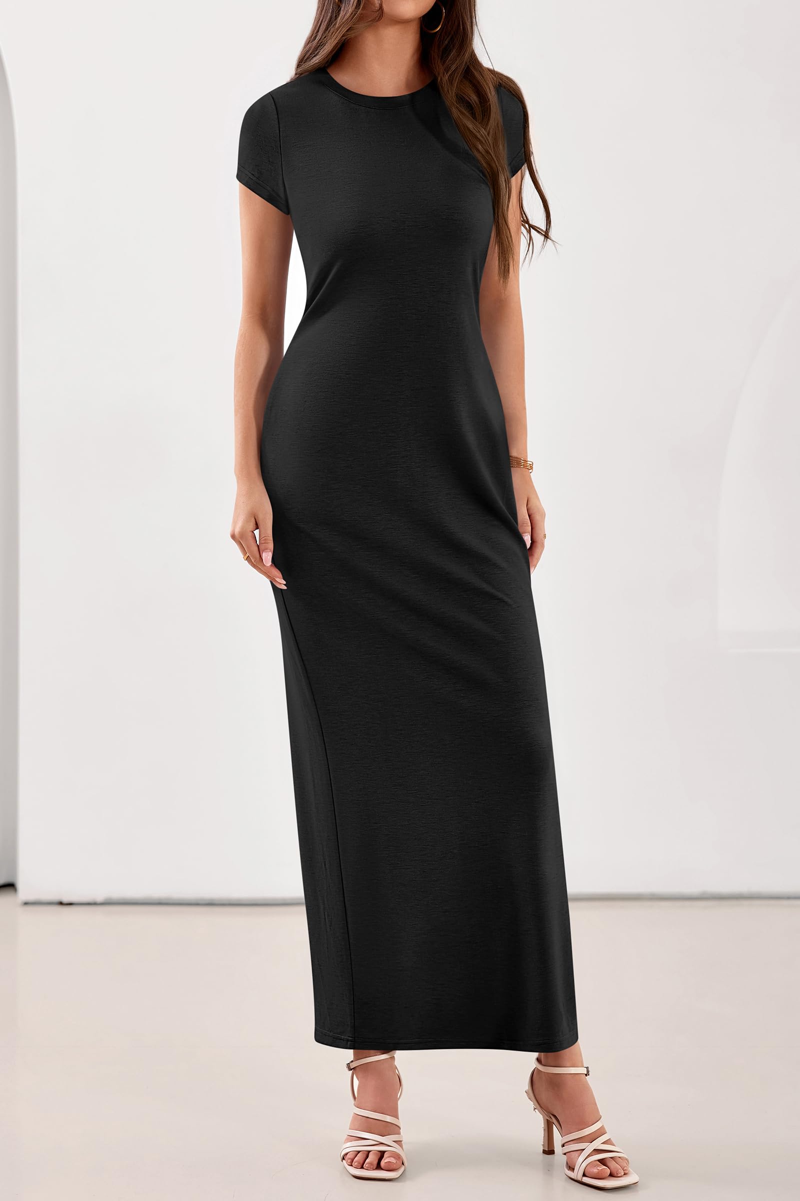 PRETTYGARDEN Womens Summer Maxi Dresses Casual Short Sleeve Crewneck Knit Slit T Shirt Dress Spring Long Beach Sundress PRETTYGARDEN