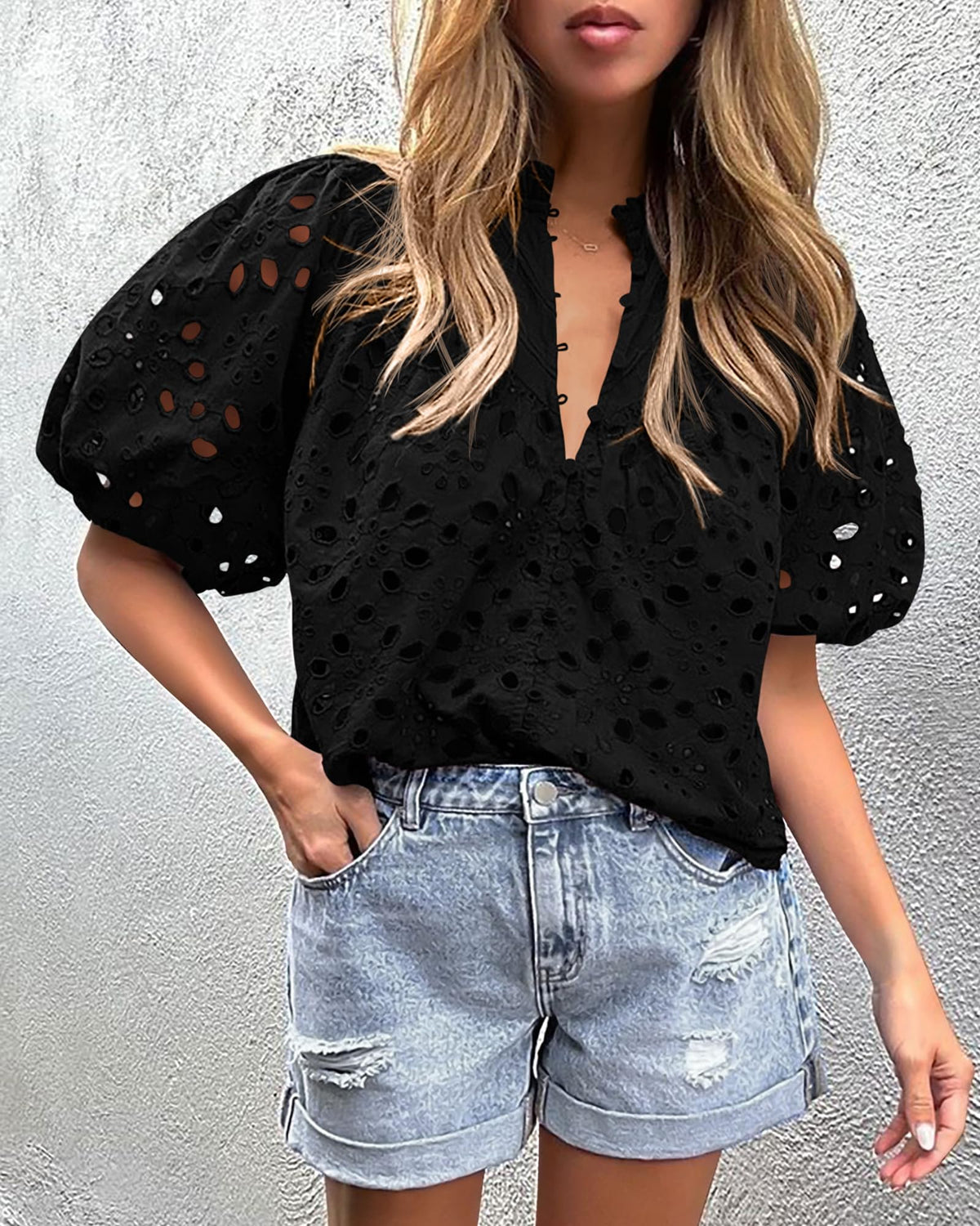 Casual Short Lantern Sleeve V Neck Buttons Hollow Out Lace Embroidered Blouses