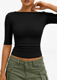 PRETTYGARDEN Womens Summer Short Sleeve Tops Boat Neck Ribbed Knit Slim Fit T Shirt Casual Basic Top Spring Clothes PRETTYGARDEN