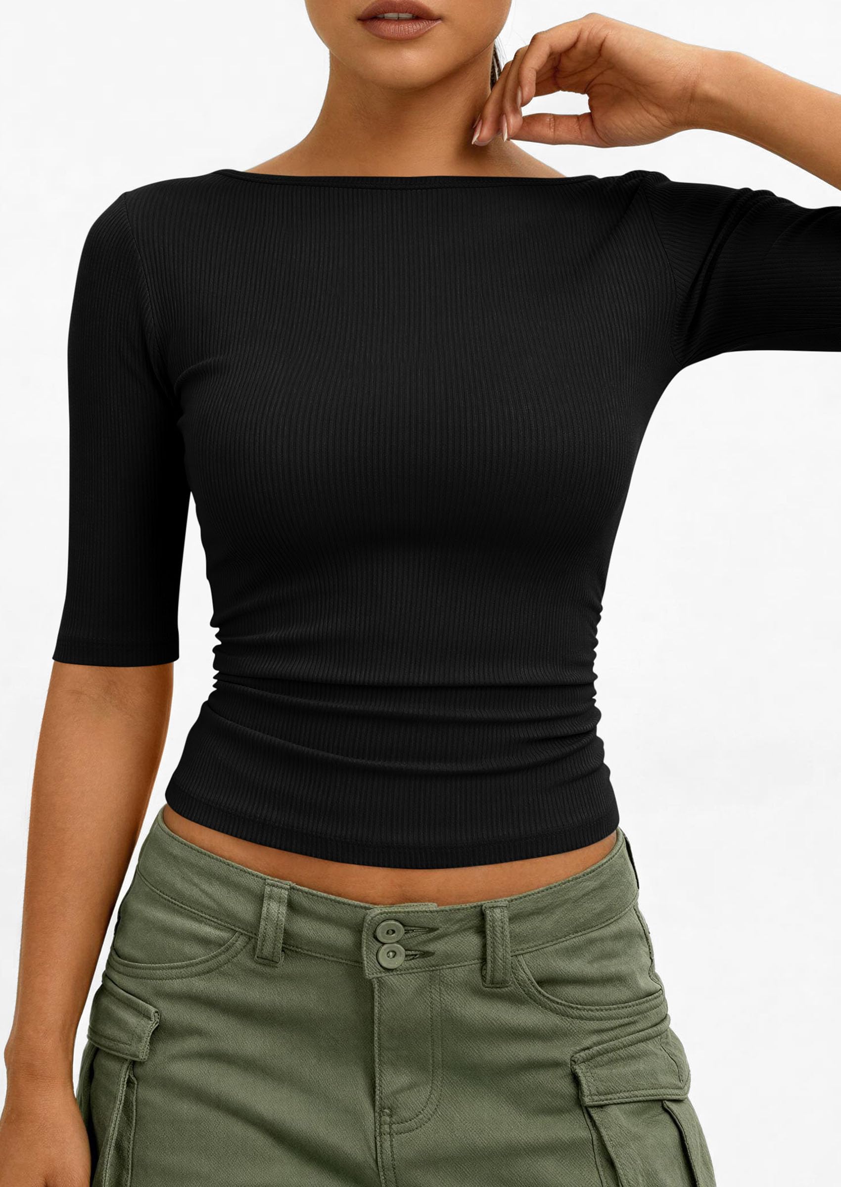 PRETTYGARDEN Womens Summer Short Sleeve Tops Boat Neck Ribbed Knit Slim Fit T Shirt Casual Basic Top Spring Clothes PRETTYGARDEN