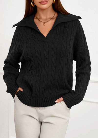 PRETTYGARDEN Fall Cable Knit Oversized Sweaters for Women Polo V Neck Long Sleeve Casual Chunky Sweater Pullover Tops PRETTYGARDEN