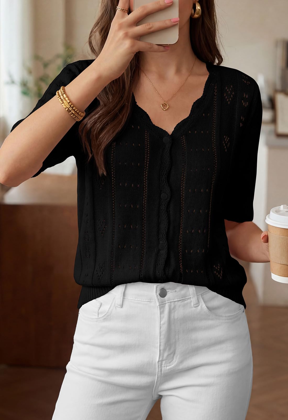 PRETTYGARDEN Womens Short Sleeve Crochet Knit Sweater Spring Fashion Button Down Lightweight Cardigans Summer Tops PRETTYGARDEN