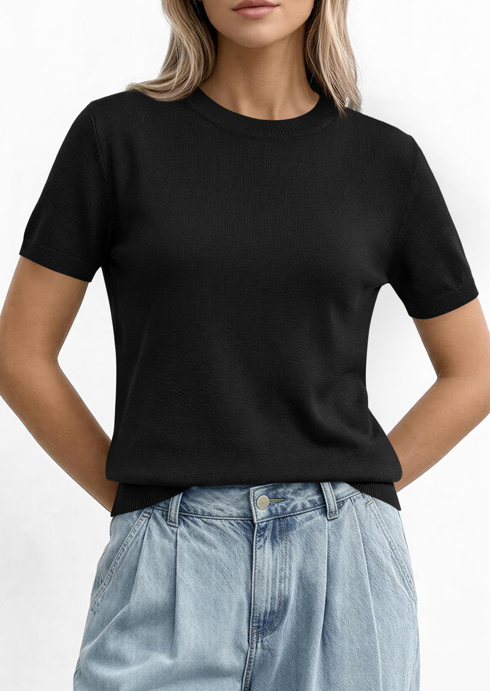 PRETTYGARDEN Women's Short Sleeve Sweaters Spring Crew Neck Knit Work Shirts Business Casual Tops Summer Fashion Clothes PRETTYGARDEN