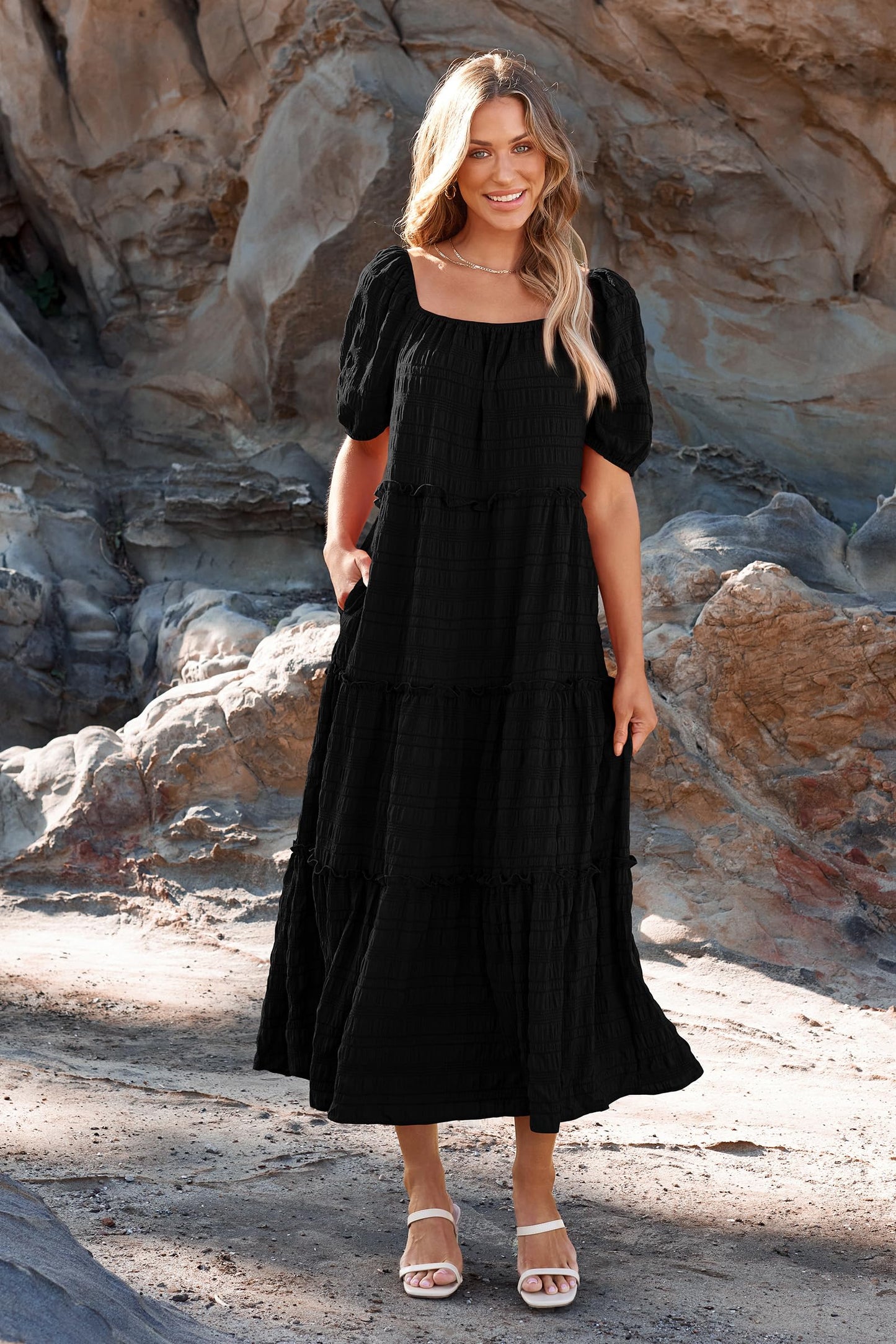 Casual Maxi Dresses Summer Short Sleeve Off The Shoulder Ruffle Tiered Flowy Boho Party Beach Long Dress