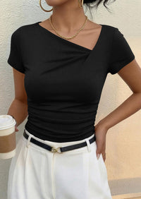 PRETTYGARDEN Women's Summer Asymmetrical Y2K Tops Trendy Ribbed Short Sleeve Fitted Tee Shirts Spring Fashion Clothing PRETTYGARDEN