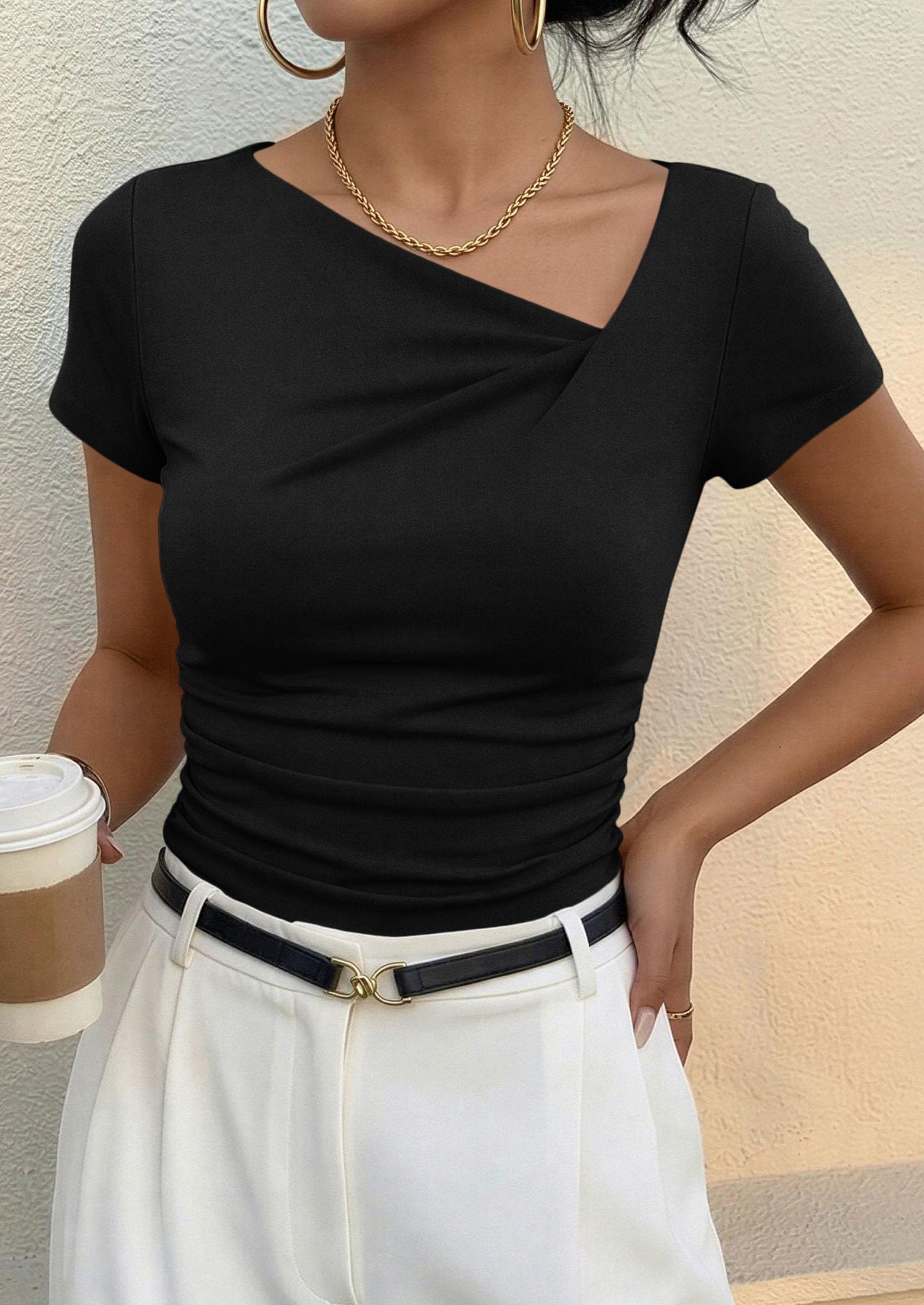 PRETTYGARDEN Women's Summer Asymmetrical Y2K Tops Trendy Ribbed Short Sleeve Fitted Tee Shirts Spring Fashion Clothing PRETTYGARDEN