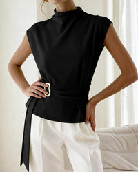 PRETTYGARDEN Women Blouses Spring Dressy Cap Sleeve Mock Neck Work Shirts Buckle Tunic Summer Business Casual Tops PRETTYGARDEN