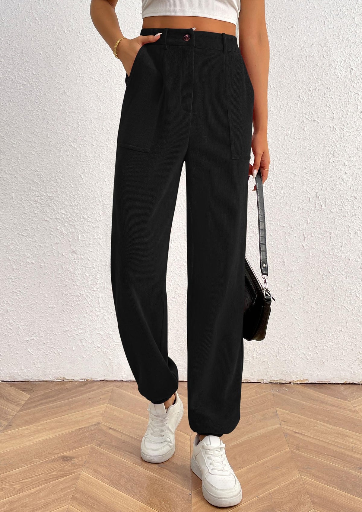 Women's Dressy Casual Pants Elastic High Waisted Work Office Corduroy Trouser Slacks with Pockets