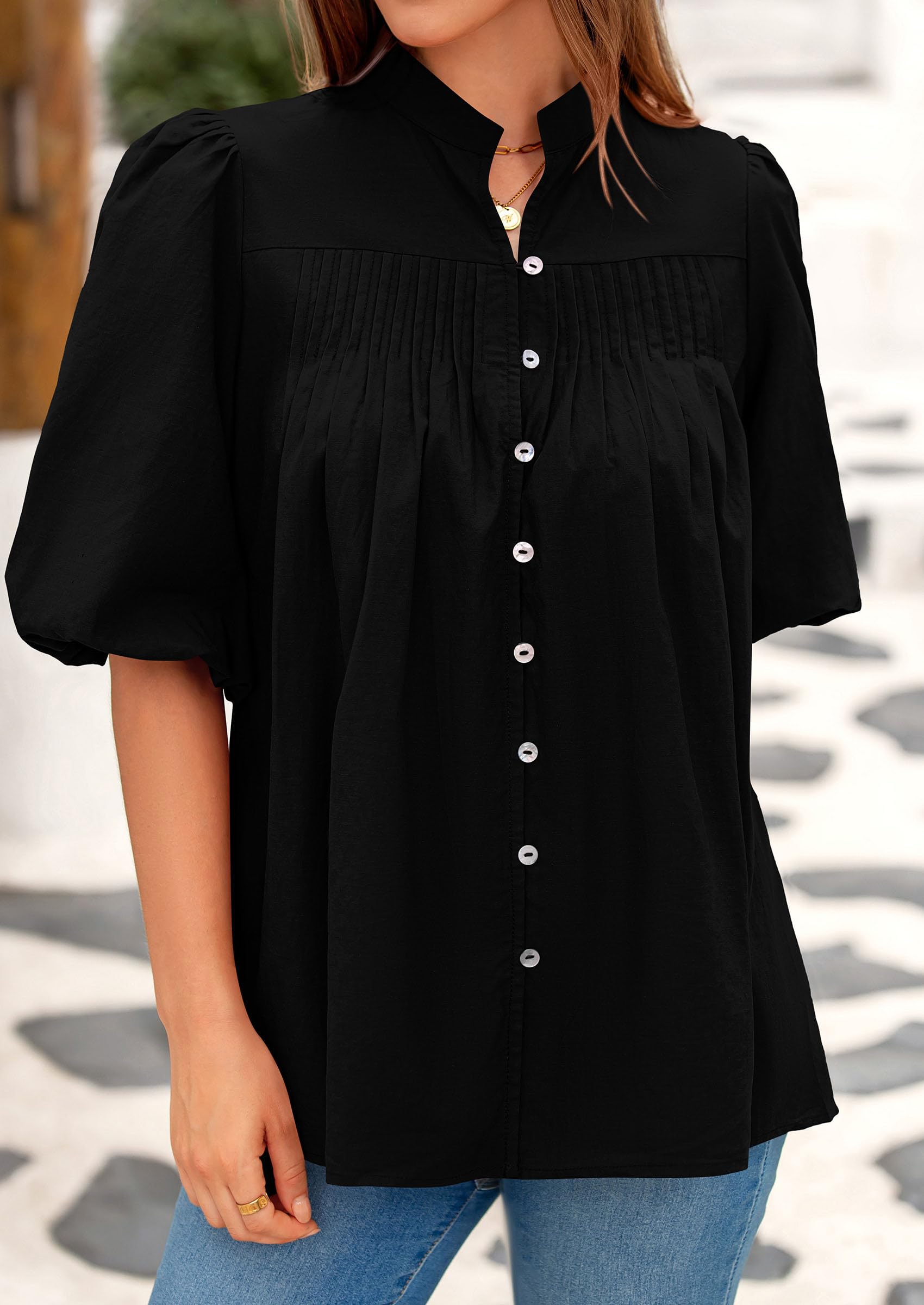 PRETTYGARDEN Women's Summer Short Lantern Sleeve Tops Loose Fit Button Down Shirt Casual Pleated V Neck Blouses