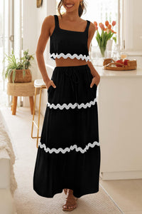 2 Piece Summer Casual Sleeveless Cropped Tank Top High Waisted Maxi Skirt Set