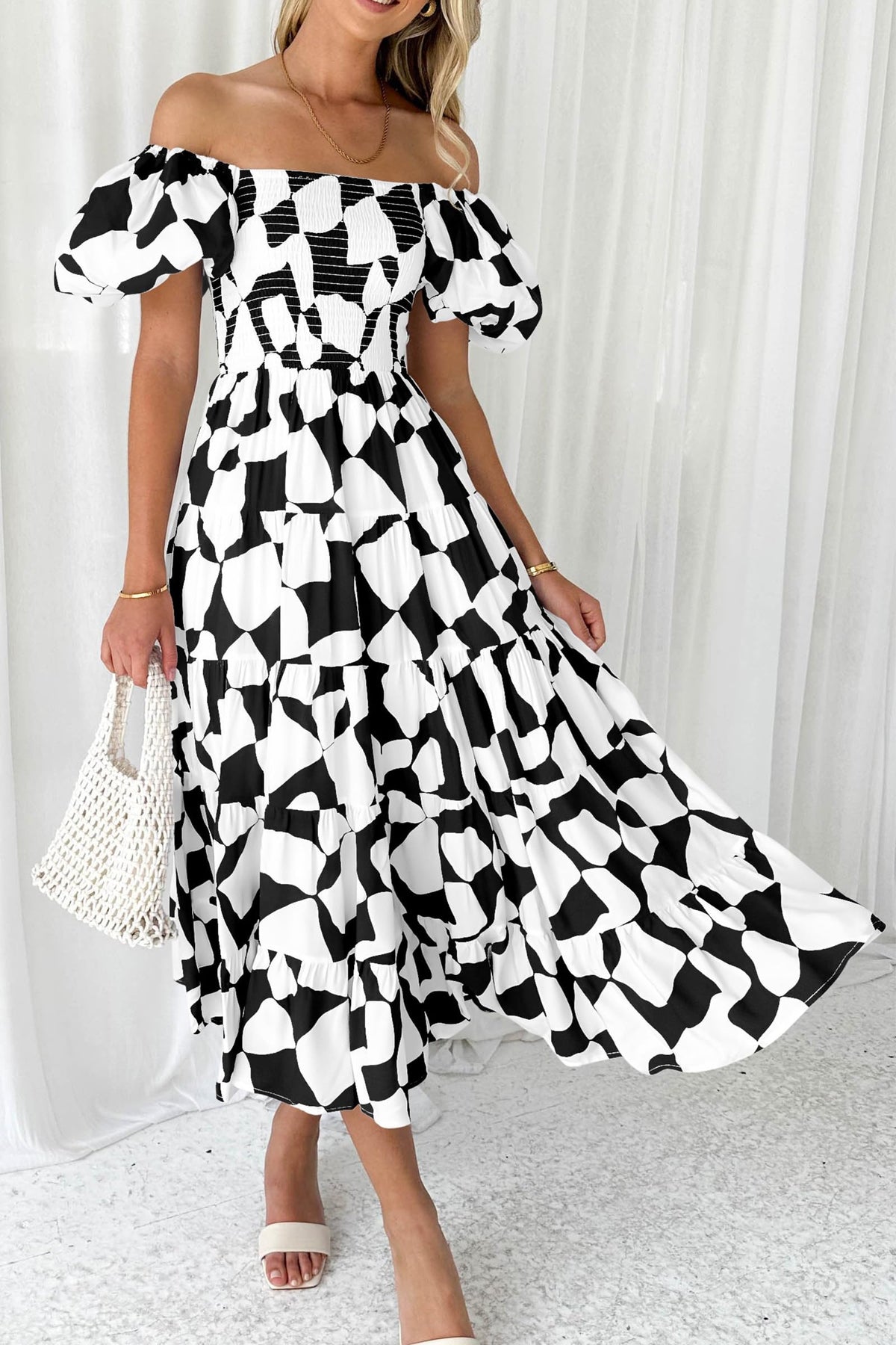 Summer Boho Midi Dress Off Shoulder Puff Sleeve Print Smocked Ruffle Beach Long Flowy Dresses