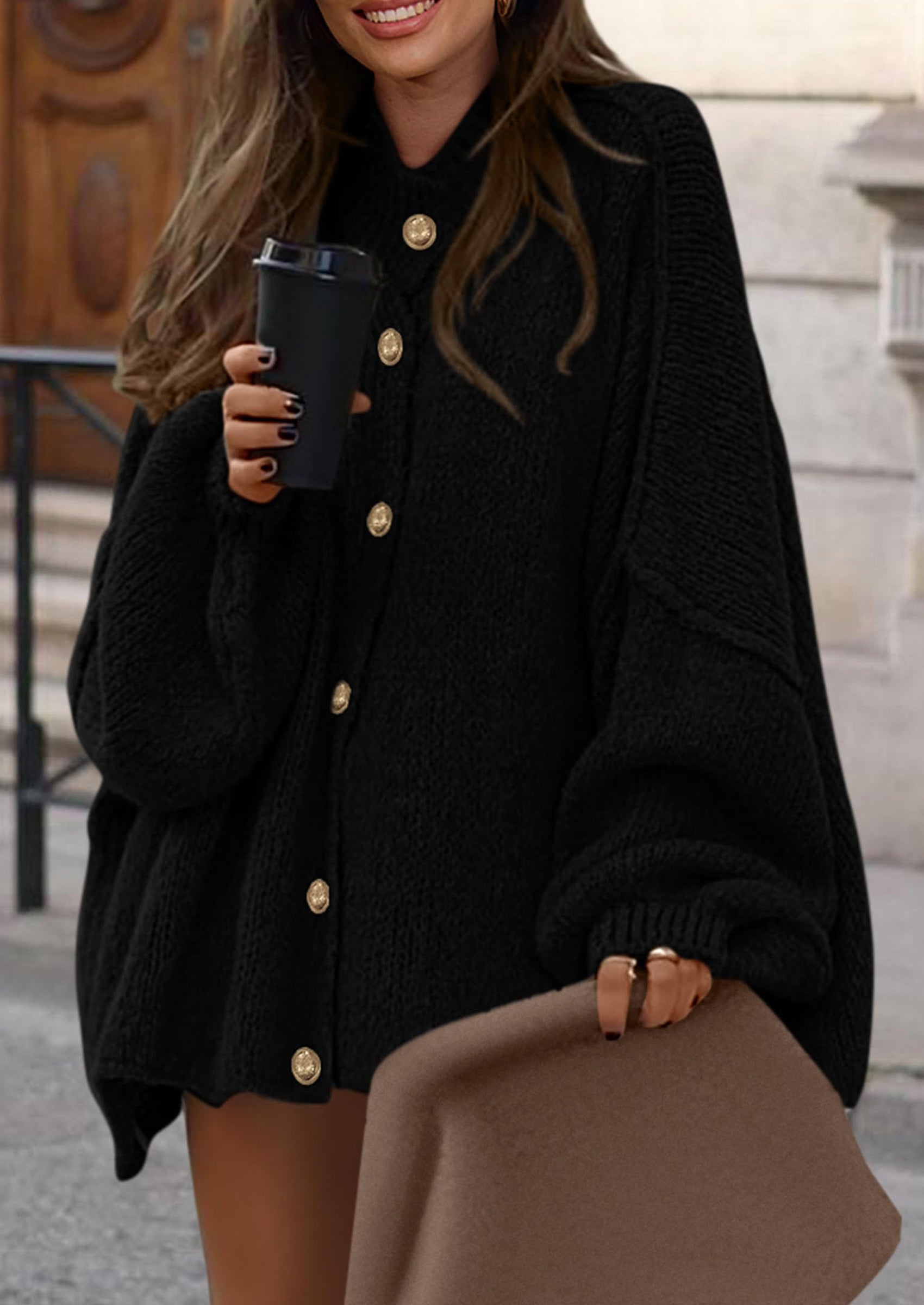 PRETTYGARDEN Women's Winter Button Down Cardigan Sweaters Mock Neck Lantern Long Sleeve Chunky Knit Jacket Trendy Outerwear