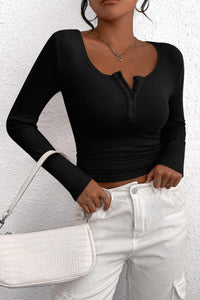 Long Sleeve Henley Button Down Ribbed Knit Slim Fit Blouse