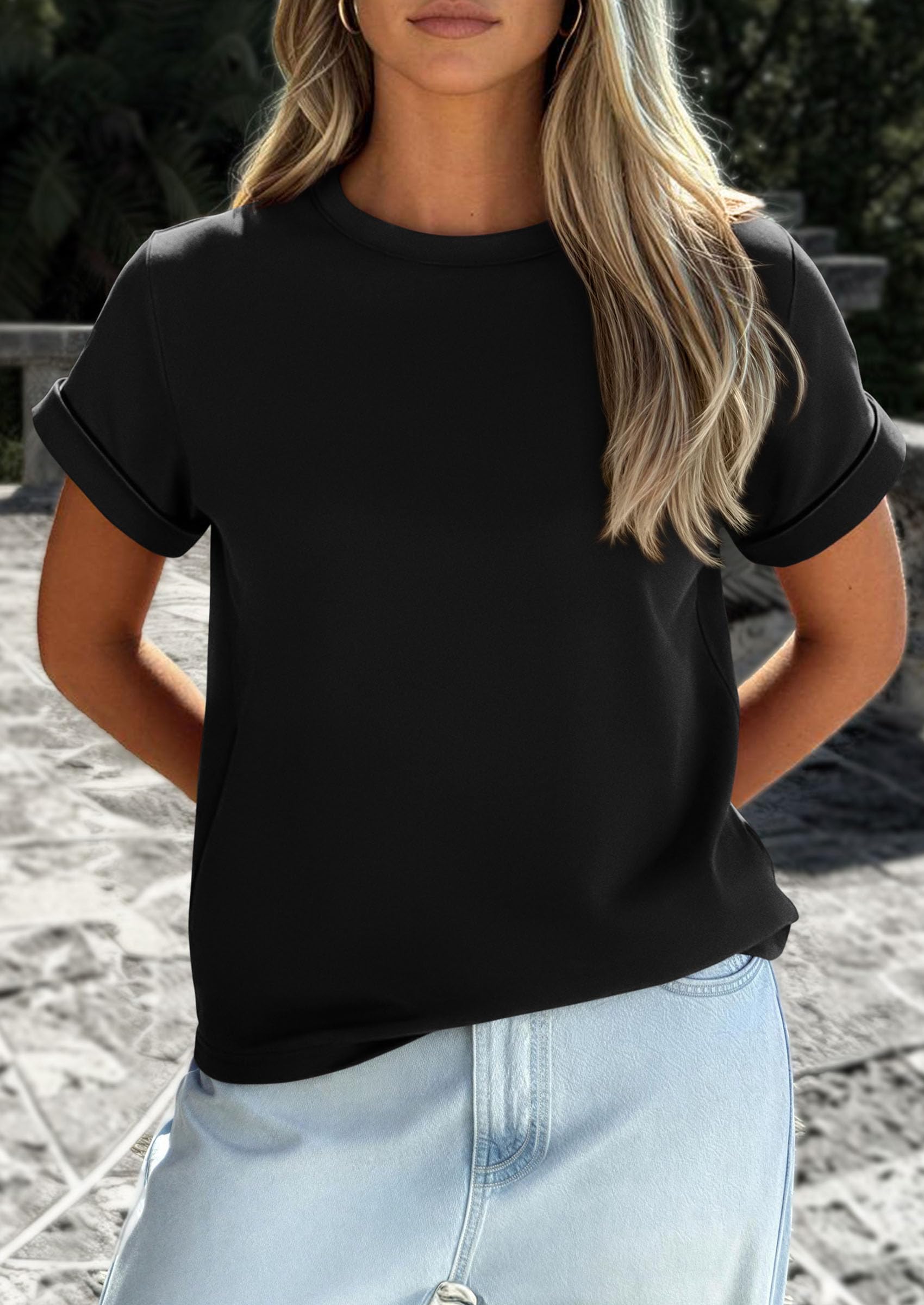 PRETTYGARDEN Womens Summer Tops Spring Casual Rolled Short Sleeve Basic Tees Crew Neck Work Shirts Fashion Clothing PRETTYGARDEN