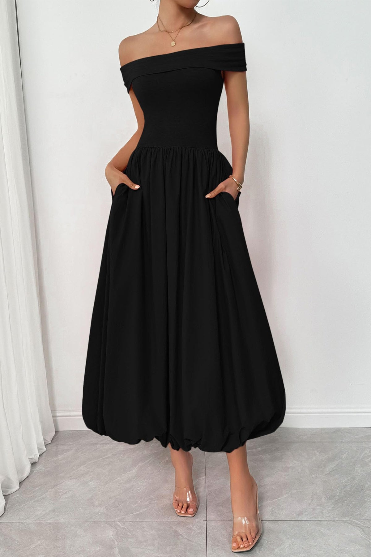 Womens Summer Off Shoulder Sleeveless Midi Dress Cocktail A Line Flowy Wedding Guest Dresses with Pockets