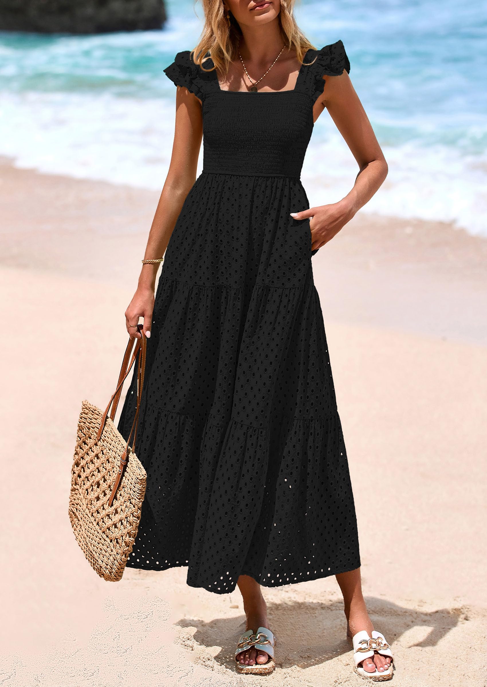 PRETTYGARDEN Womens Square Neck Maxi Dresses Cap Sleeve Eyelet Smocked Tiered A Line Flowy Long Dress with Pockets