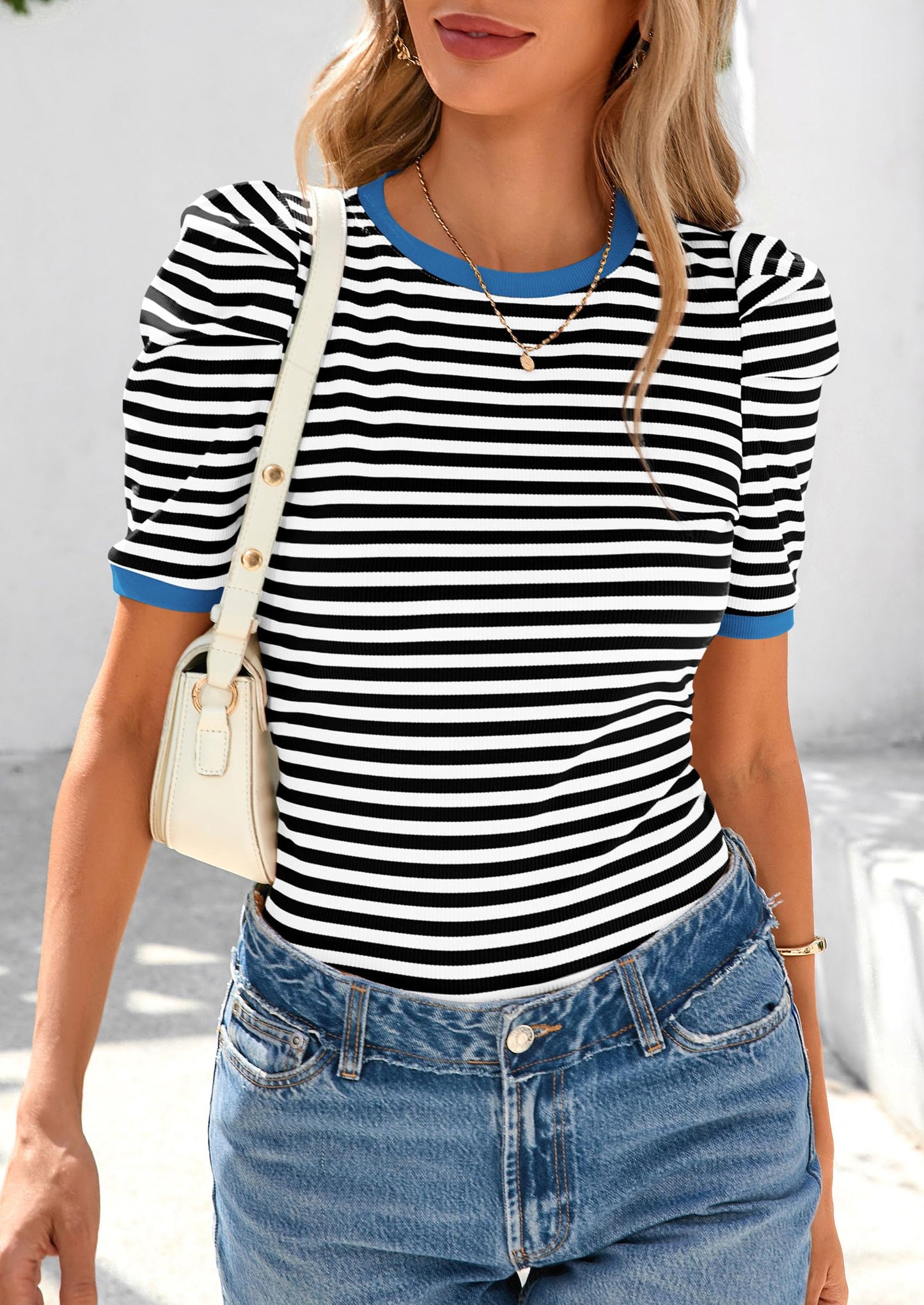 Women's Summer Puff Sleeve Tops Casual Ribbed Knit Color Block T Shirts Trendy Striped Pullover Tops