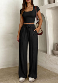 PRETTYGARDEN Women's 2 Piece Matching Lounge Sets Ribbed Short Sleeve Crop Tops Wide Leg Pants Summer Airport Outfits PRETTYGARDEN