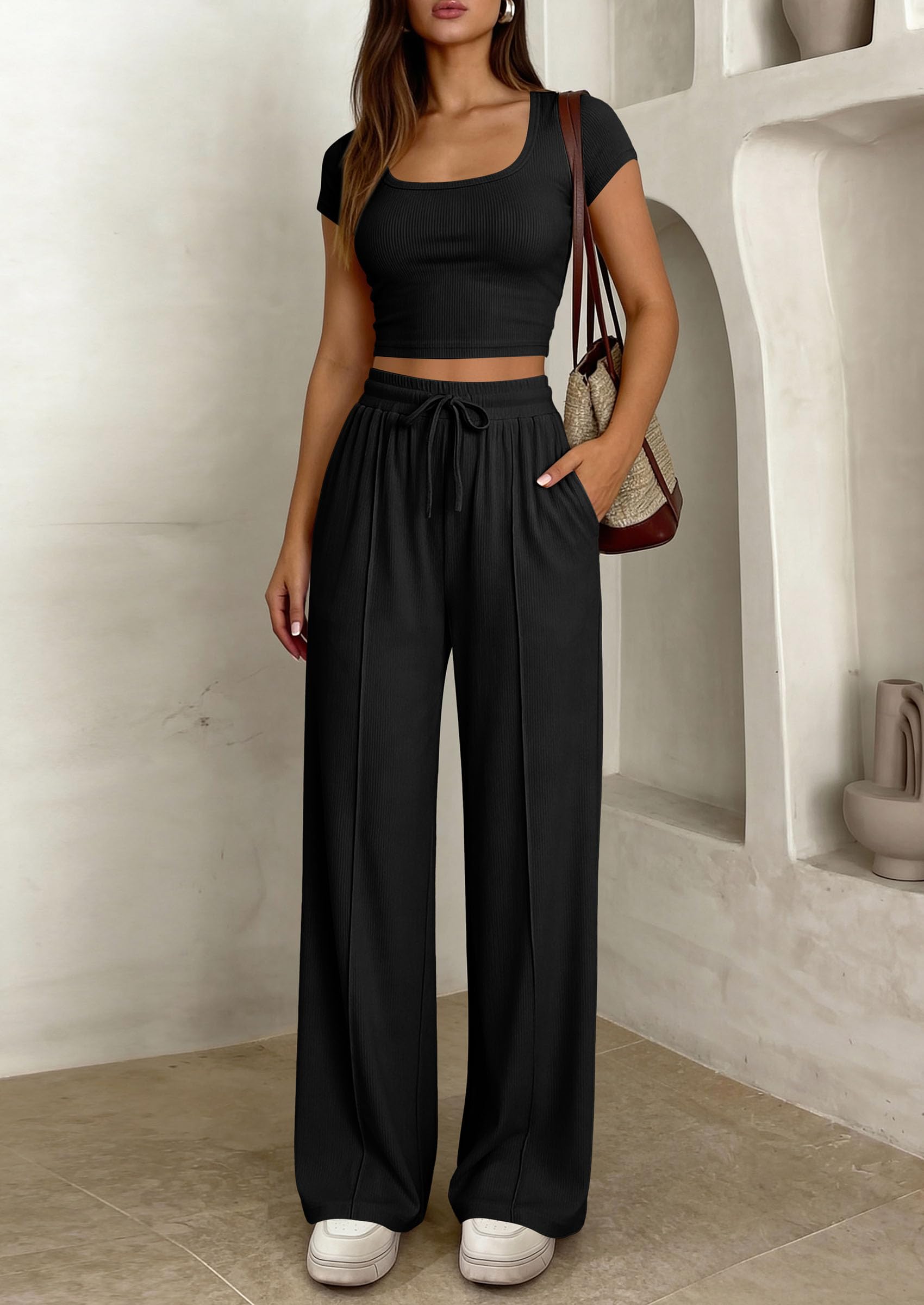 PRETTYGARDEN Women's 2 Piece Matching Lounge Sets Ribbed Short Sleeve Crop Tops Wide Leg Pants Summer Airport Outfits PRETTYGARDEN