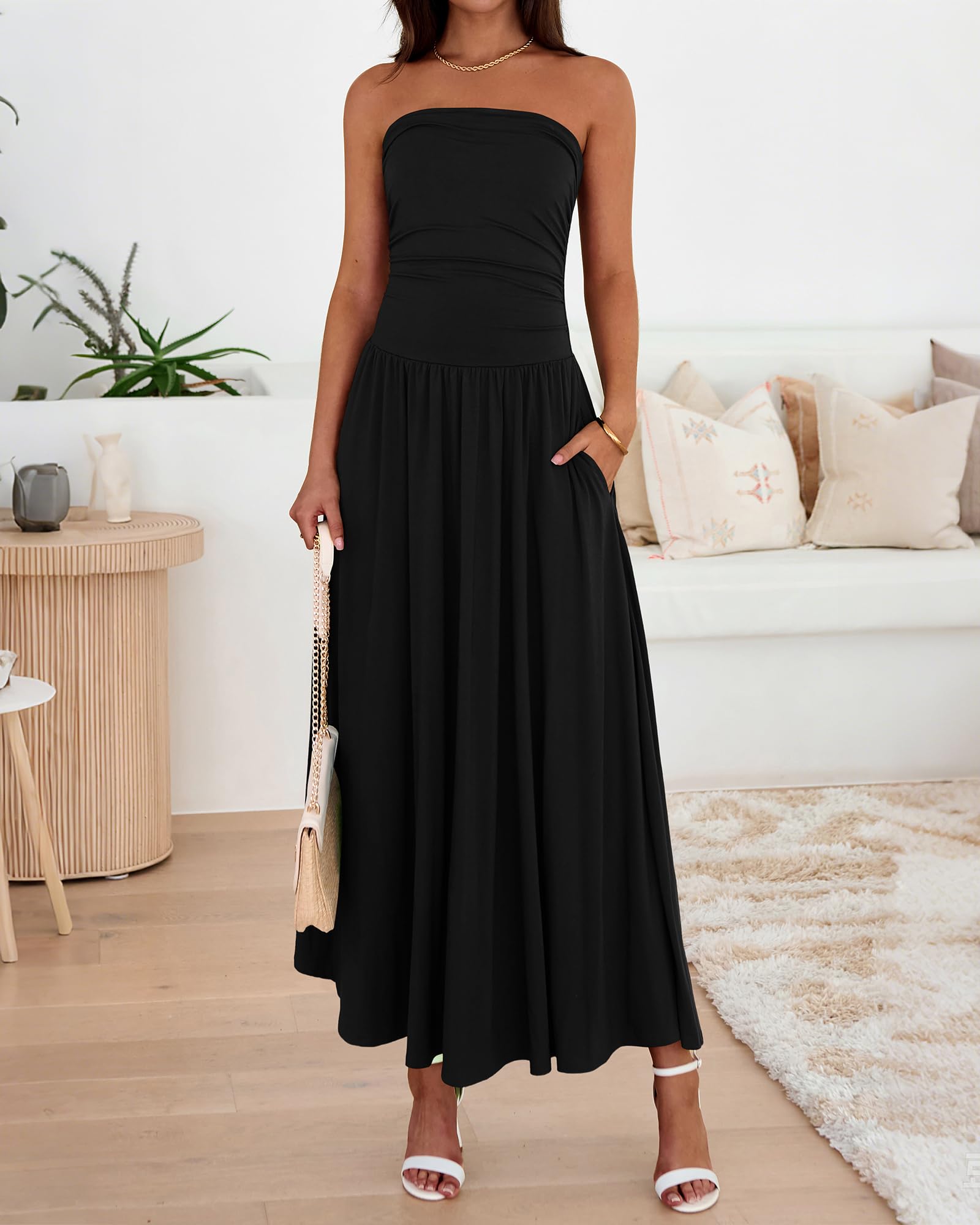 BTFBM Summer Maxi Dresses for Women Strapless Ruched Tube Top Beach Vacation Spring Wedding Guest Dress Pockets PRETTYGARDEN