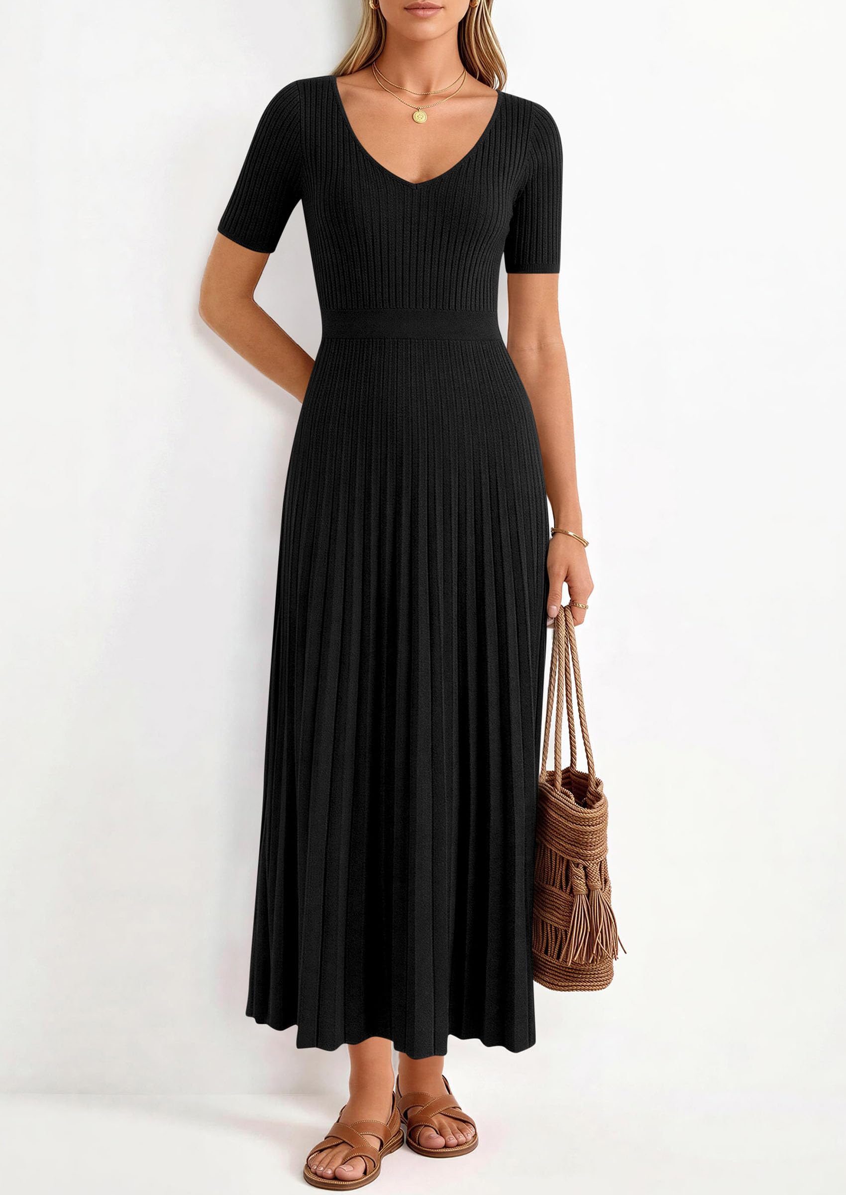 PRETTYGARDEN Women's Spring Midi Sweater Dresses Elegant Pleated Ribbed Knit Short Sleeve V Neck A Line Summer Outfits PRETTYGARDEN