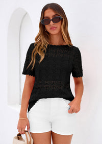 PRETTYGARDEN Women's Short Sleeve Sweater Trendy Crochet Summer Tops Casual Hollow Out Shirts Beach Vacation Clothes PRETTYGARDEN