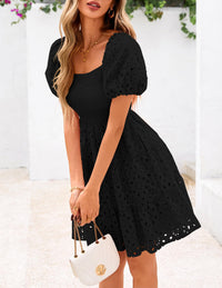 Womens Summer Puff Sleeve Mini Dress Off Shoulder Eyelet Smocked A Line Casual Babydoll Short Dresses