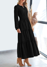 PRETTYGARDEN Women's Elegant Maxi Dresses Long Sleeve V Neck Flowy Pockets Casual Modest Dress Fall Fashion Clothes