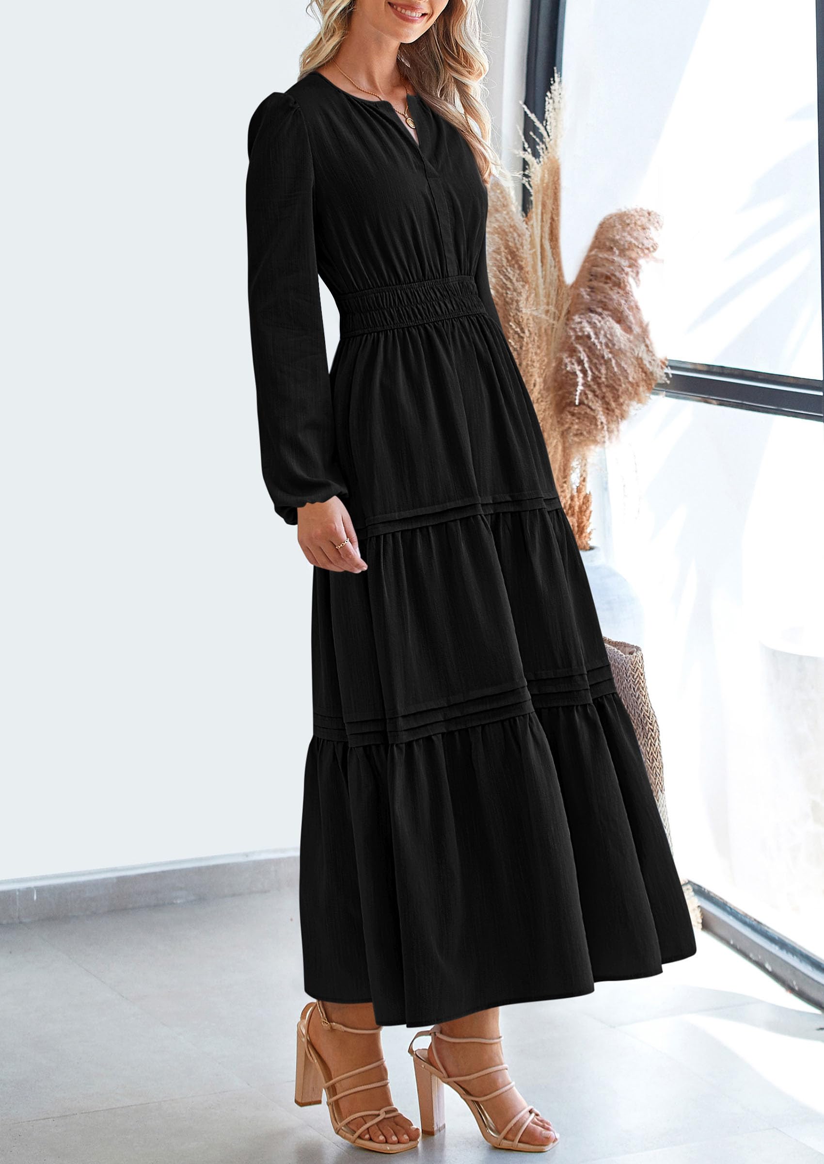 PRETTYGARDEN Women's Elegant Maxi Dresses Long Sleeve V Neck Flowy Pockets Casual Modest Dress Fall Fashion Clothes