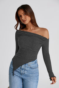 Long Sleeve Y2K Crop Top Trendy Off Shoulder Asymmetrical Fitted Knit Tee Shirts Going Out Tops