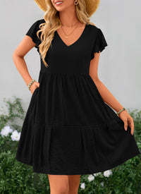 Summer Casual Cap Sleeve V Neck Tiered Ruffle Swing A Line Dresses