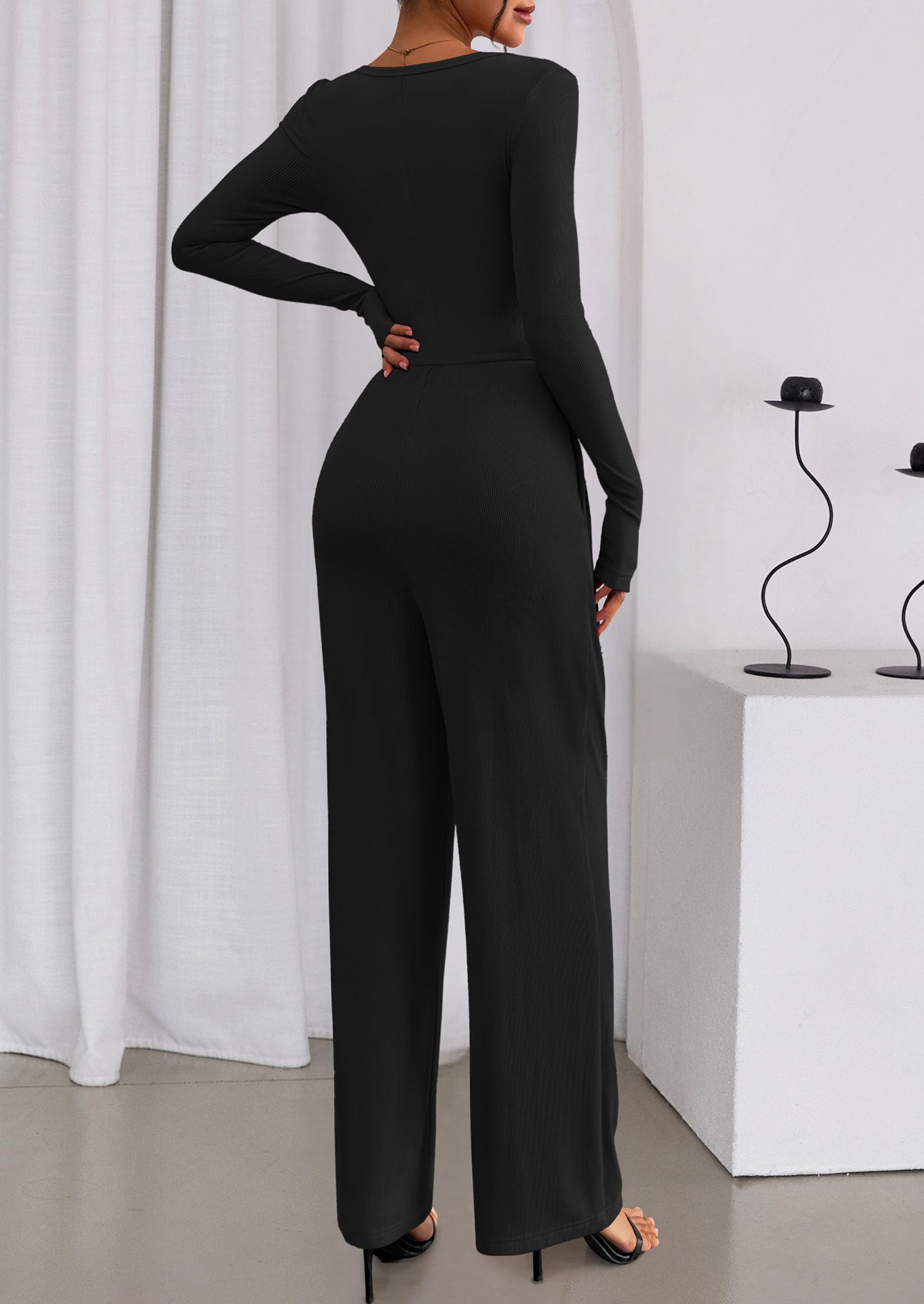 PRETTYGARDEN Jumpsuits for Women Dressy Casual Fall One Piece Outfits Long Sleeve Crew Neck Wide Leg Pants Rompers