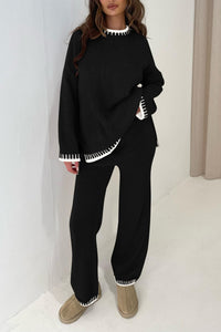 2 Piece Knitted Casual Long Sleeve Pullover Wide Leg Pant Set