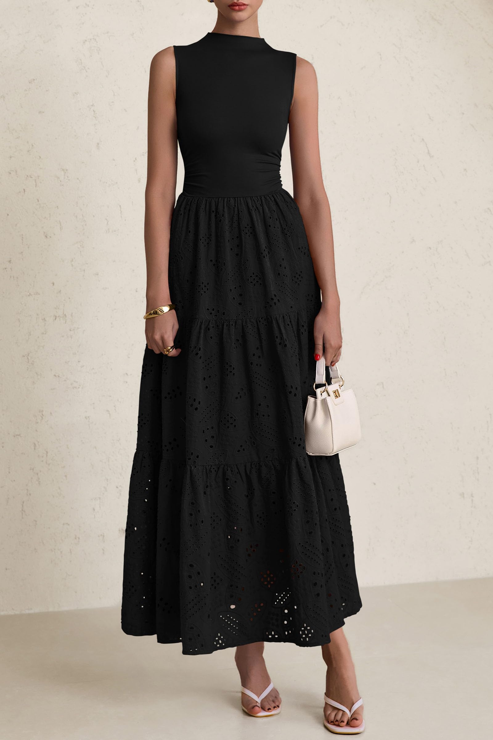 PRETTYGARDEN Dresses for Women Casual Eyelet Sleeveless Wedding Guest Maxi Dress Tank Top Sundress with Pockets