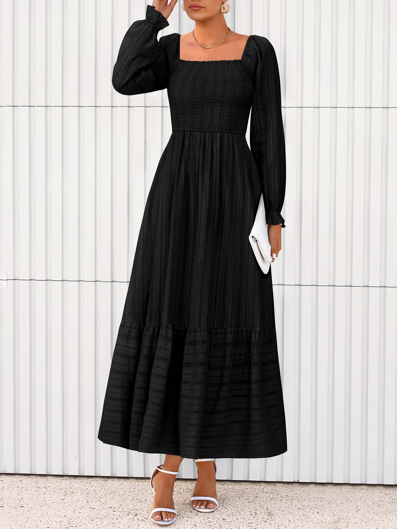 BTFBM Women Maxi Fall Dresses Long Sleeve Solid Color Square Neck Smocked Boho Long Wedding Guest Dress