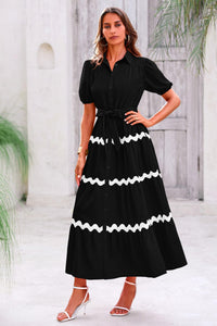 Summer Maxi Button Down Puff Short Sleeve Ruffle Long Flowy Shirt Dresses With Belt