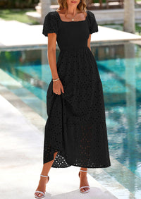 PRETTYGARDEN Dresses for Women Eyelet Square Neck Puff Sleeve Smocked Wedding Guest Maxi Dress with Pockets