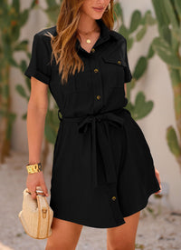 Casual Summer Short Sleeve Button Down V Neck Collared Belted Pocket Dresses