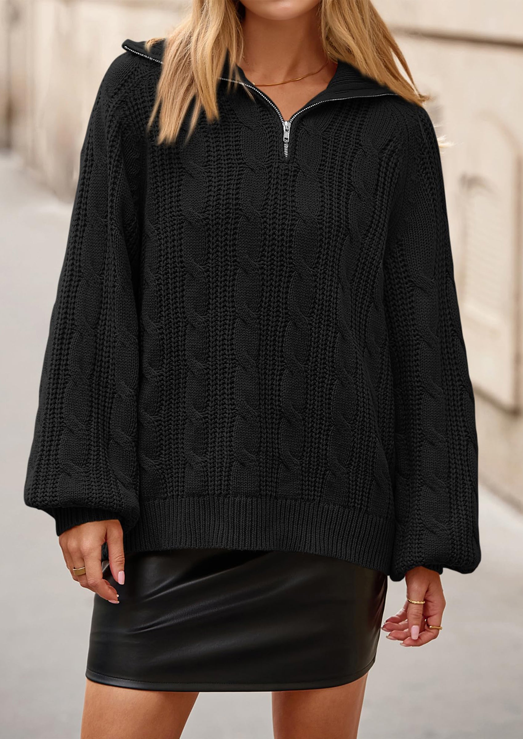 BTFBM Sweaters for Women Fall Fashion Loose Quarter Zip Pullover Collared Long Sleeve Cable Knit Winter Clothes