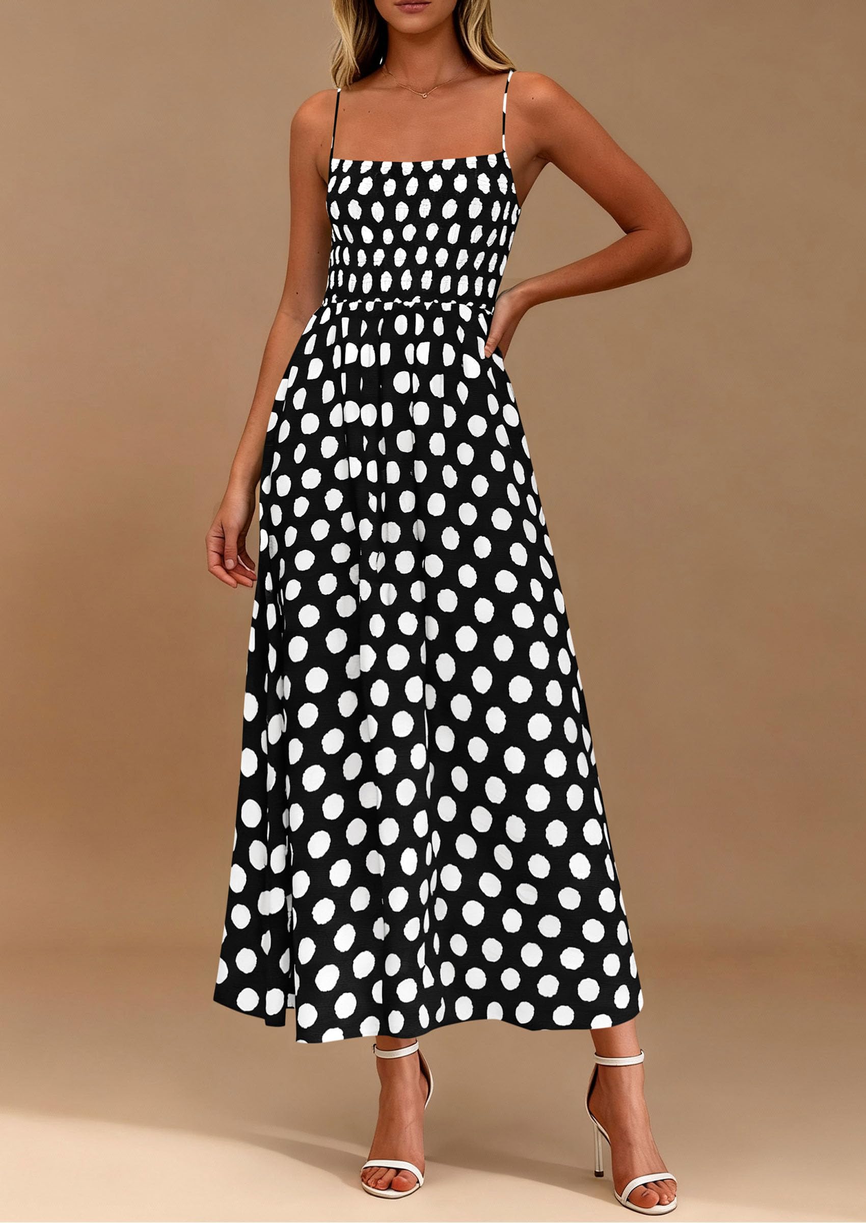 PRETTYGARDEN Womens Summer Dresses Spring Sleeveless Spaghetti Straps Casual Midi Dress Polka Dot Smocked Beach Sundress PRETTYGARDEN