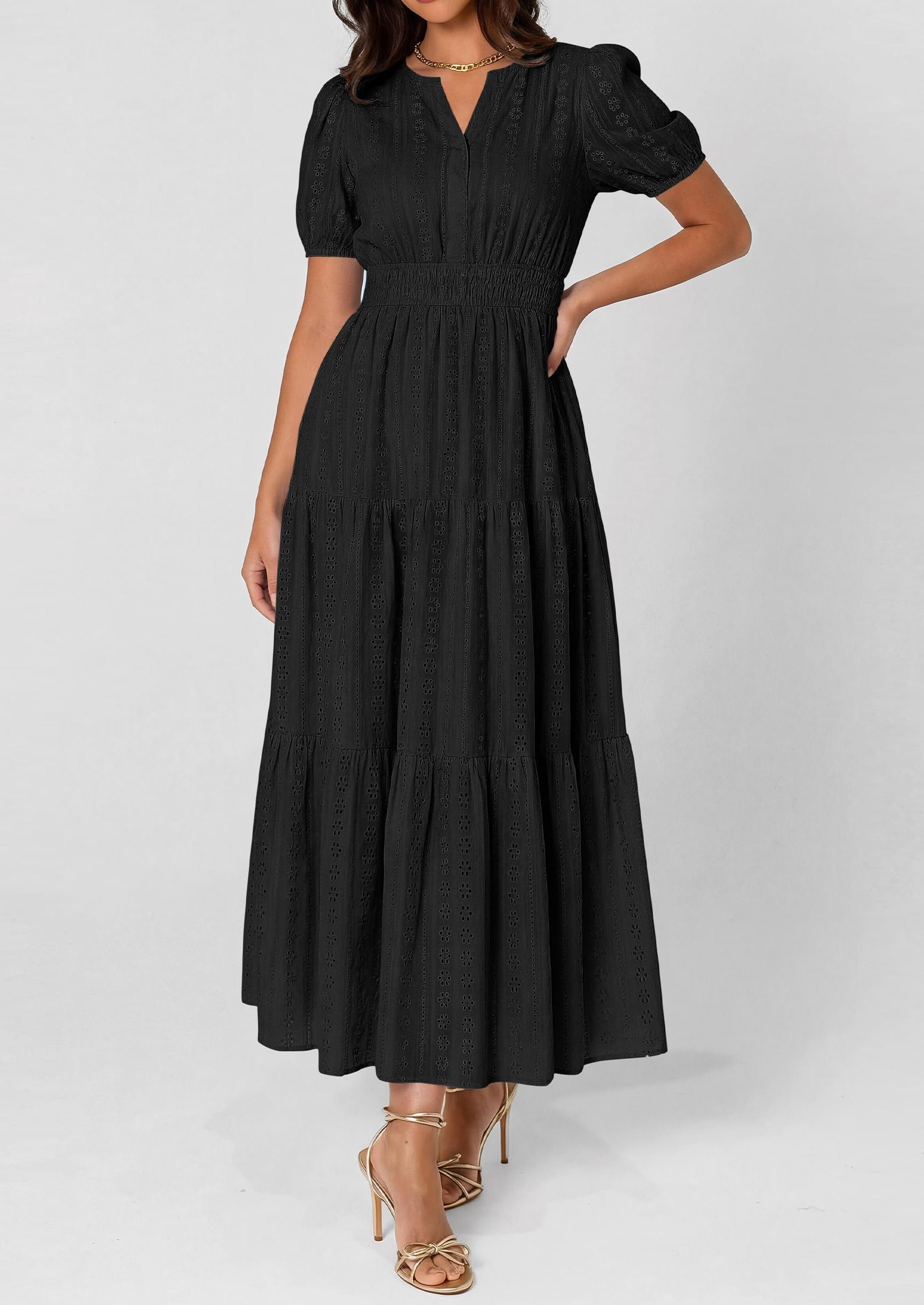 PRETTYGARDEN Womens Summer Maxi Dresses Casual Puff Sleeve V Neck Smocked Flowy Eyelet Cotton Dress Spring Sundress PRETTYGARDEN